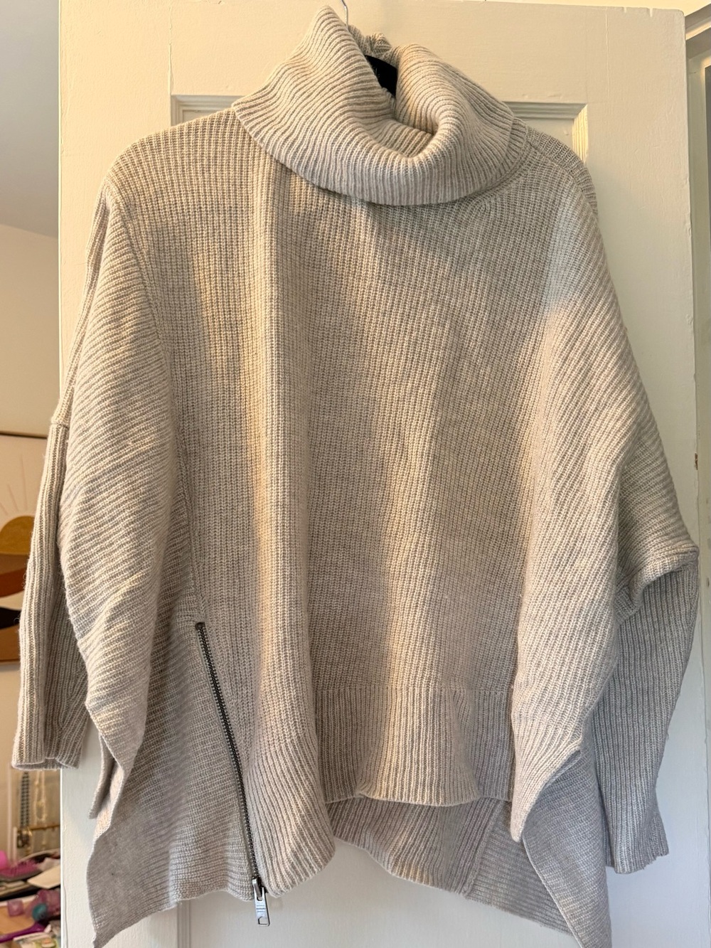All Saints Gray Ribbed Cowl Neck Sweater with Side Zip
